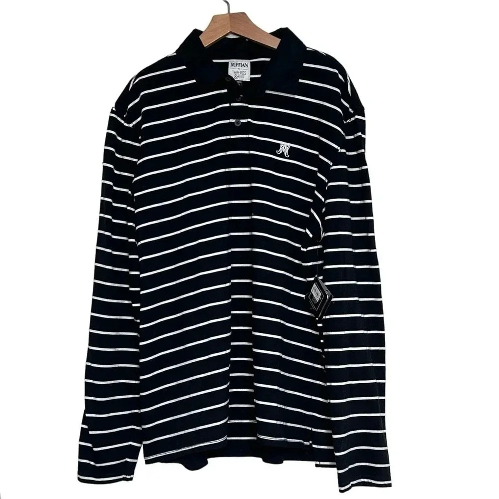 Ruffian Threads & Heirs‎ XL black & white striped long sleeve cotton polo shirt